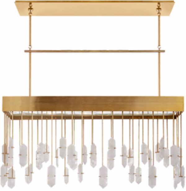 A gold chandelier with clear glass and white lights.